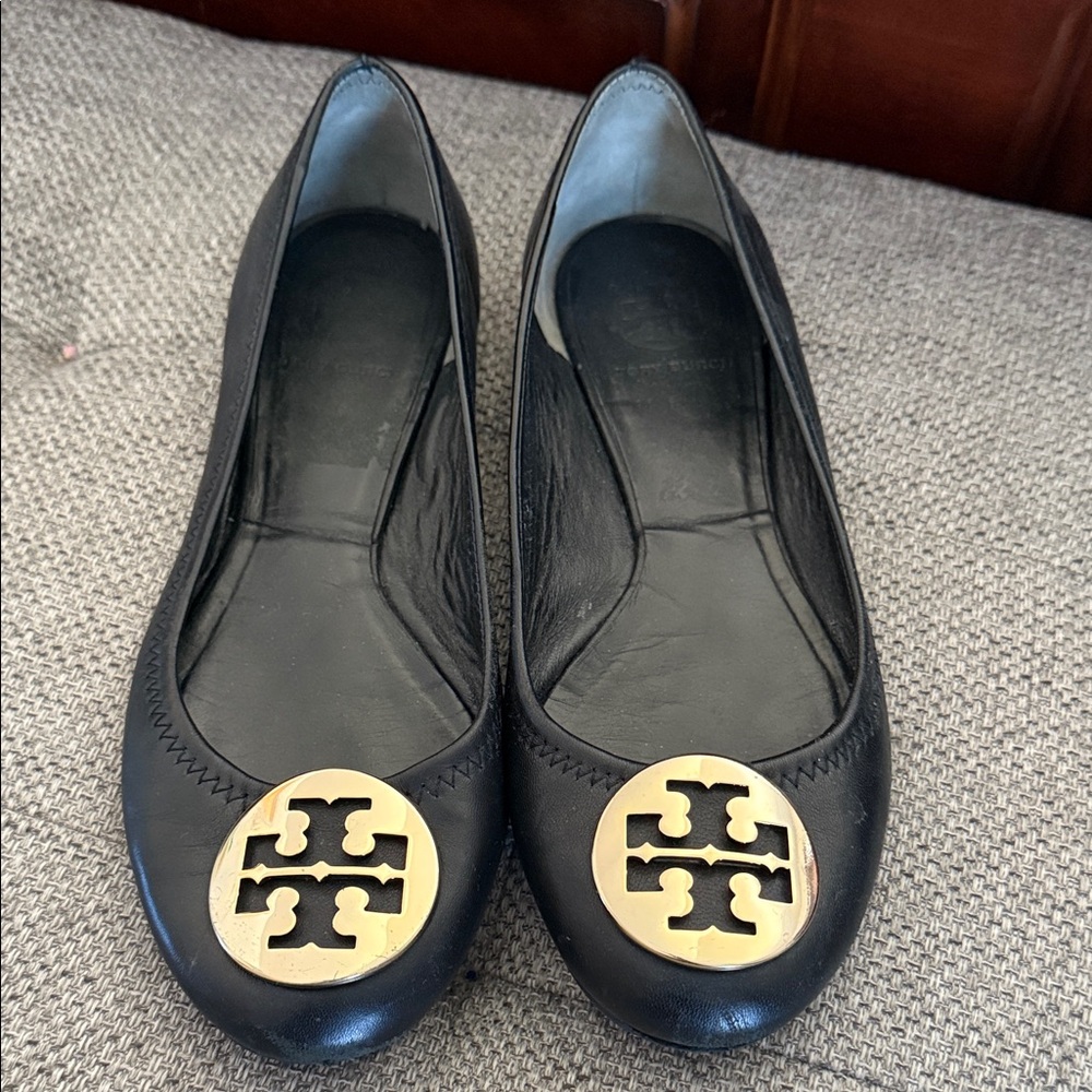 Tory Burch Black Flats with Gold Logo